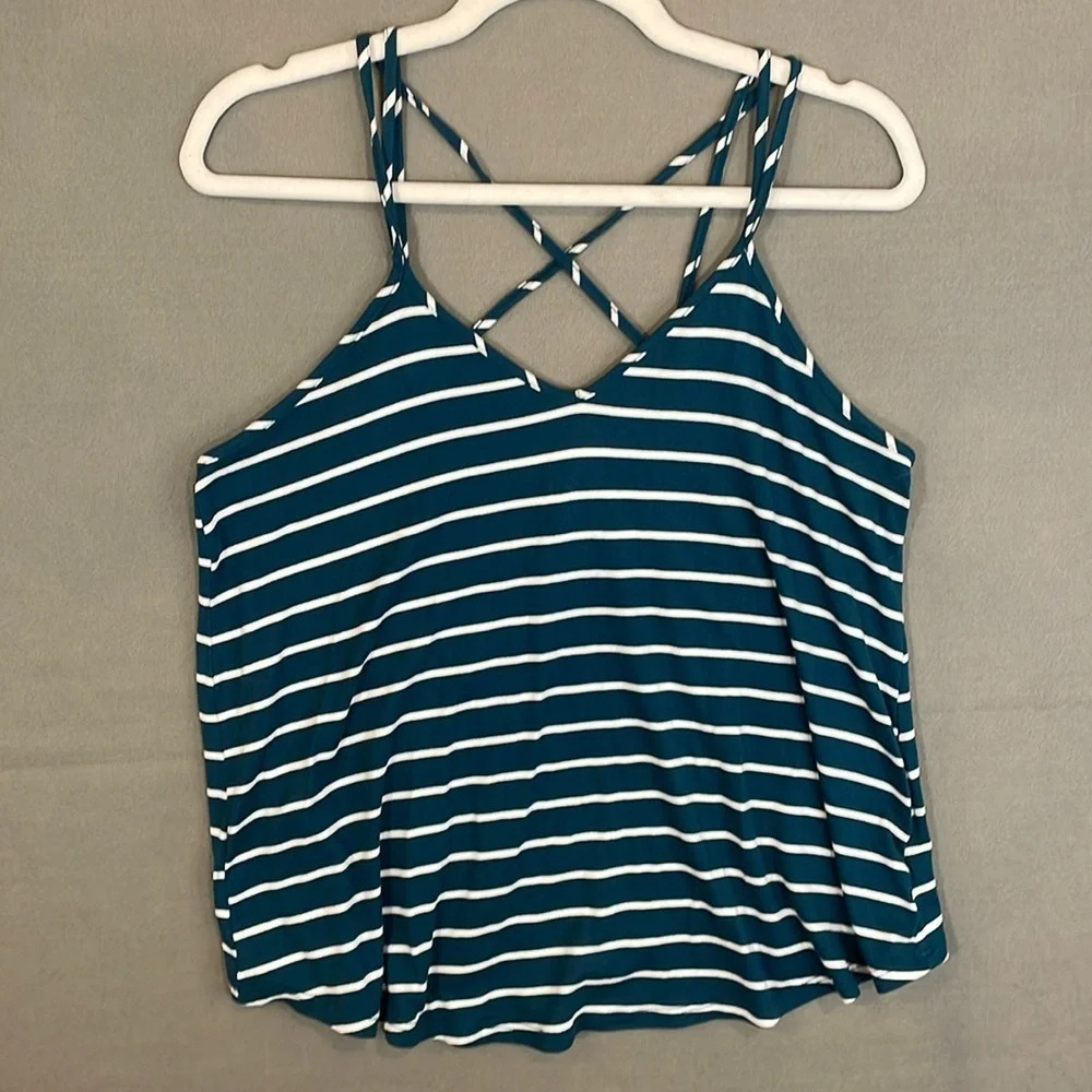 Papermoon Strappy Striped Teal White Loose Fit  Tank Top Women Size Small